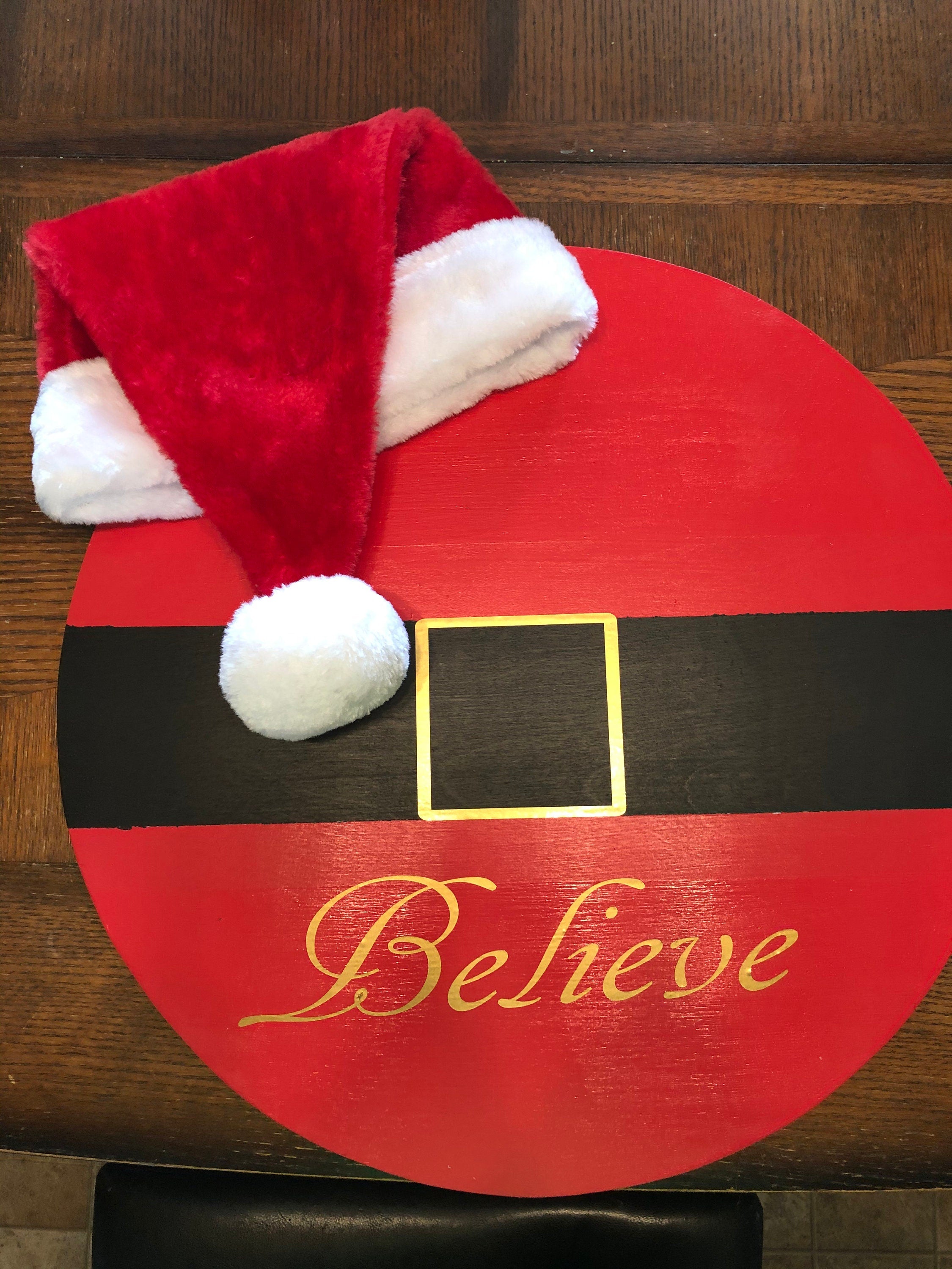 Santa door hanger- round wood sign, Christmas door sign, holiday sign, believe