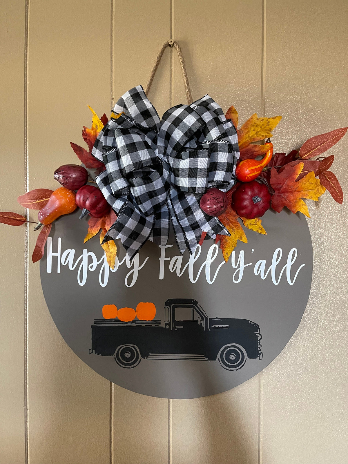 Round wooden fall door hanger, fall, sign, happy fall y’all