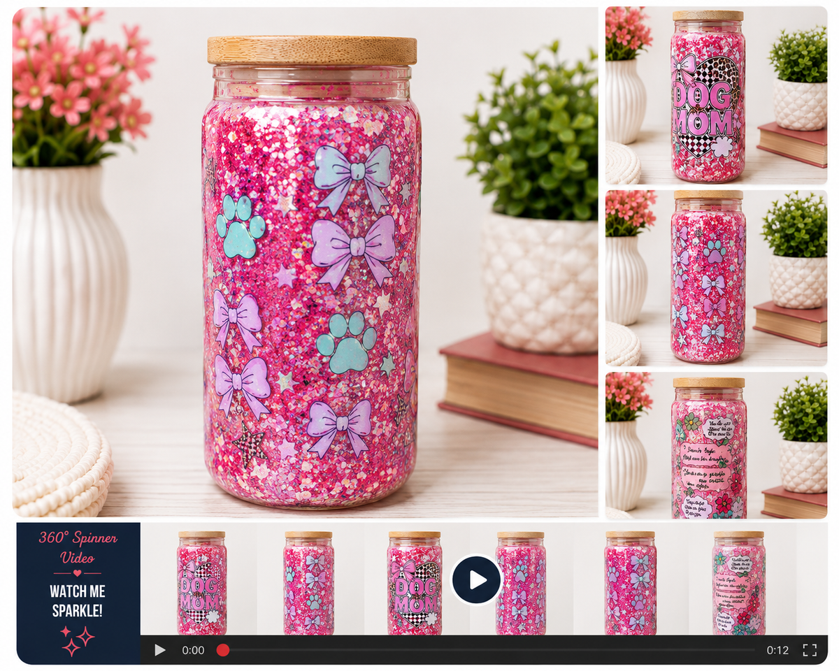 DOG MOM Pink Glitter 16 oz Snowglobe Tumbler 🐾💗