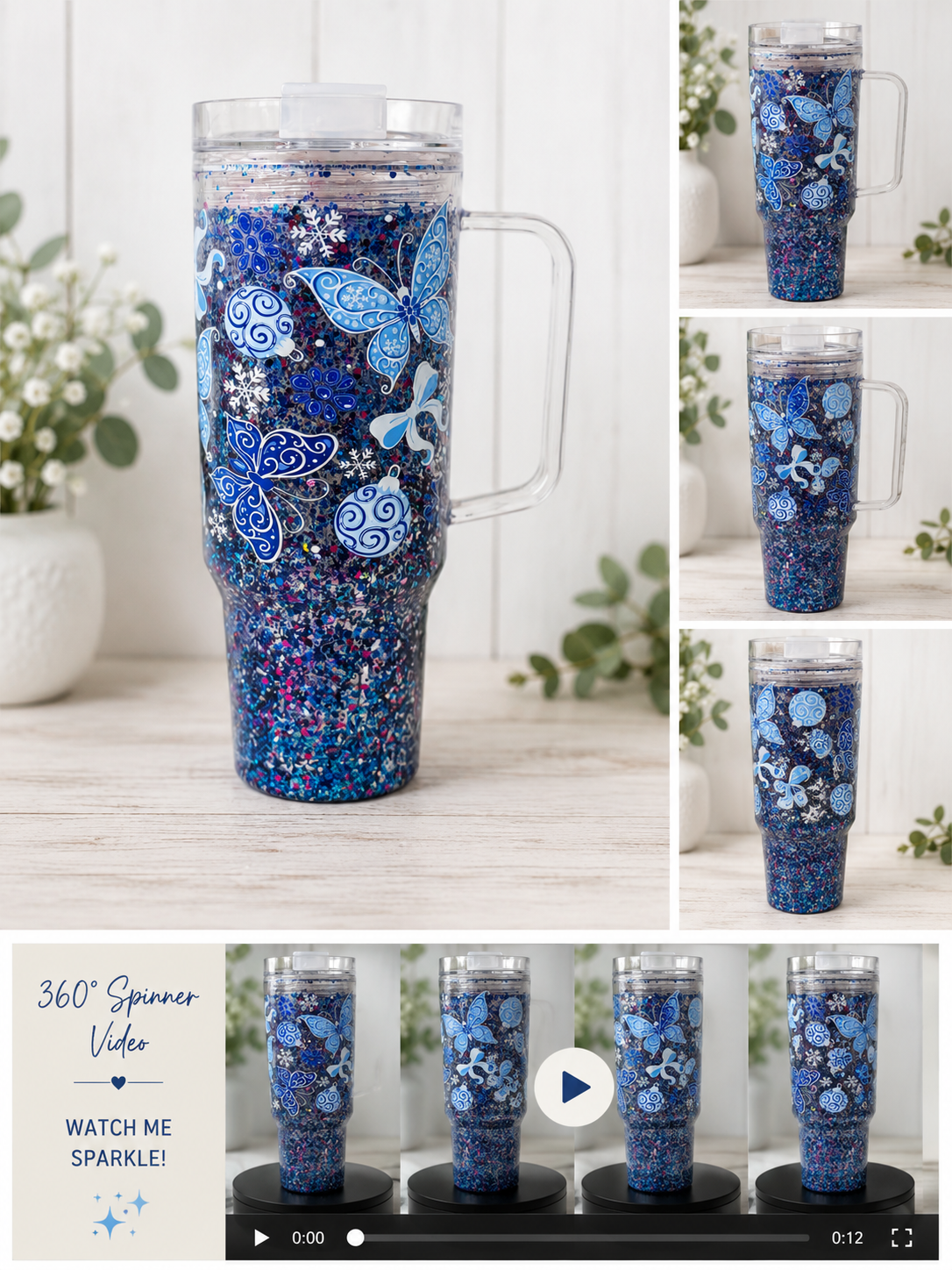 Blue Butterfly Glitter 40 oz Tumbler with Handle 💙🦋