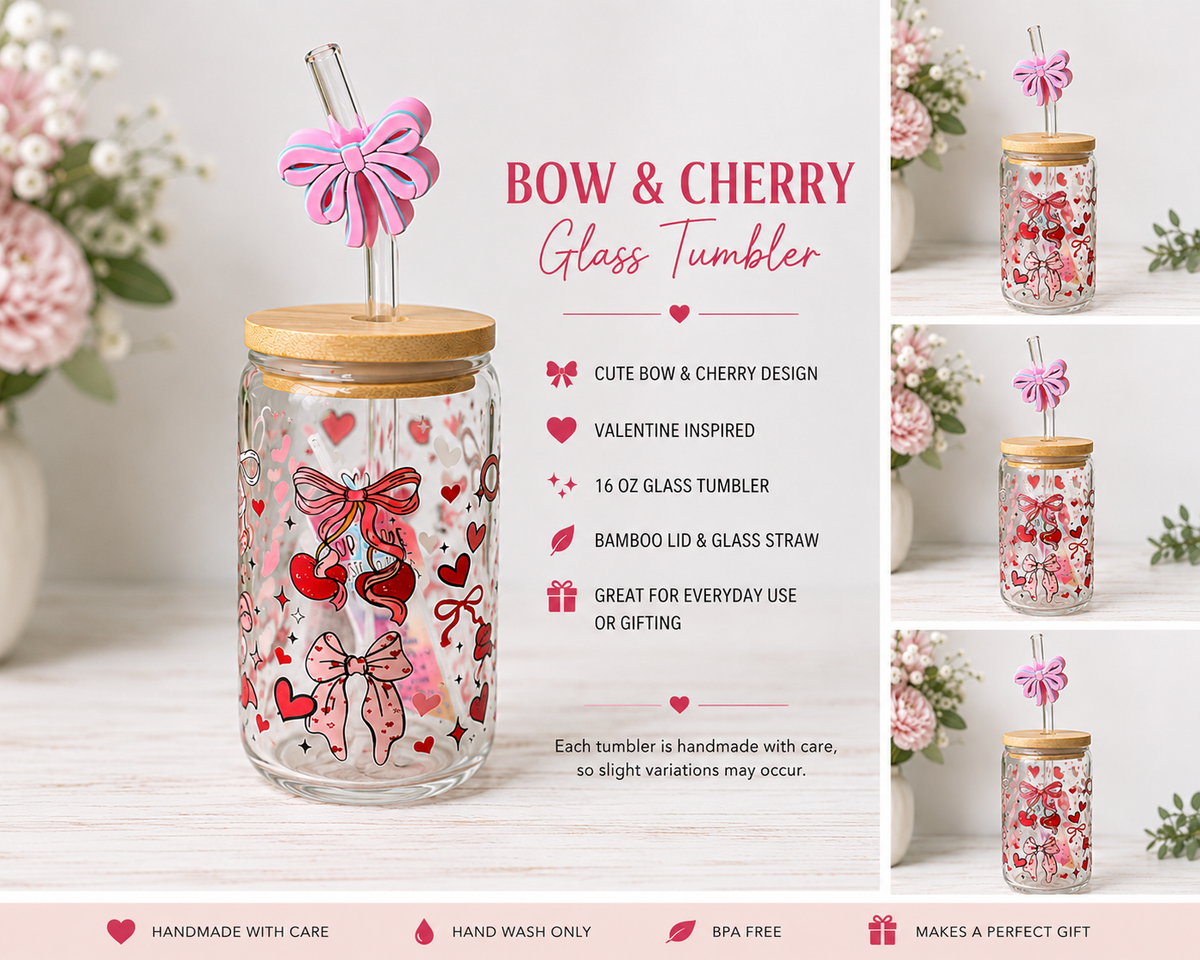 Bow & Cherry 16 oz Glass Tumbler with Straw 🎀🍒💗