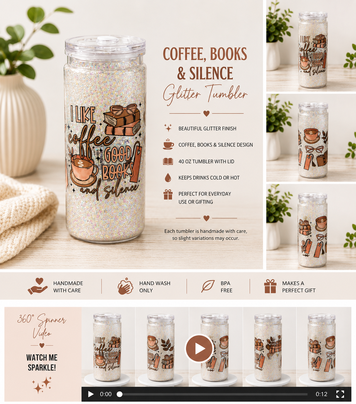 Coffee, Books & Silence 16 oz Glitter Tumbler 📚☕