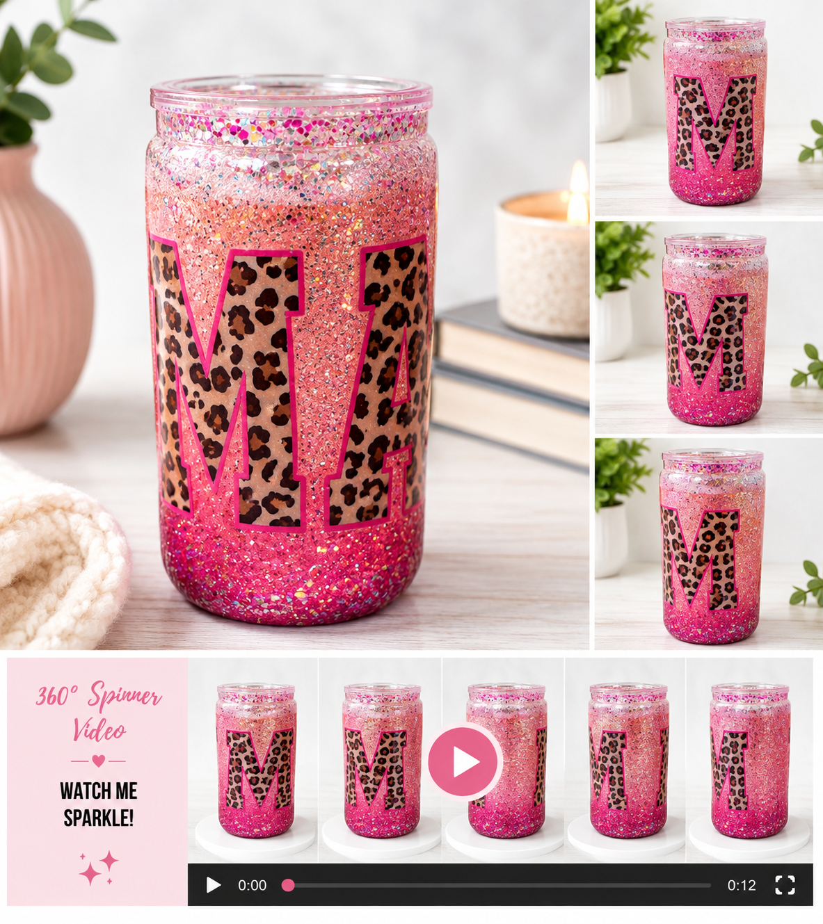 Pink Leopard M Glitter 16 oz Snow globe Tumbler 🐆💗