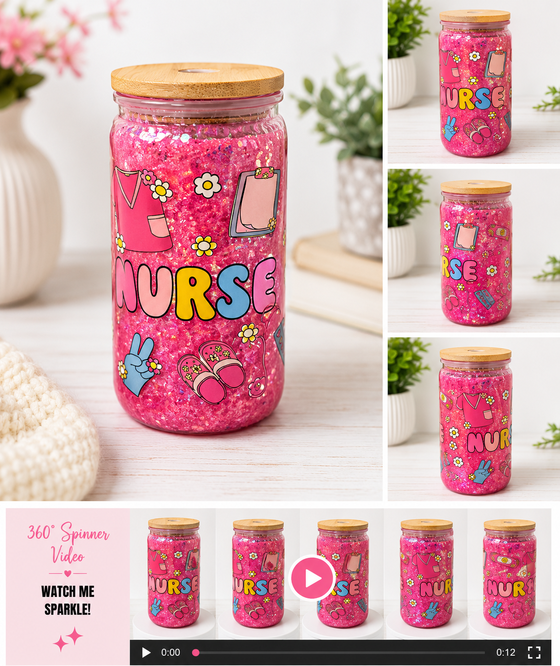 Nurse Pink Glitter 16 oz Snowglobe Tumbler 🩺🌸