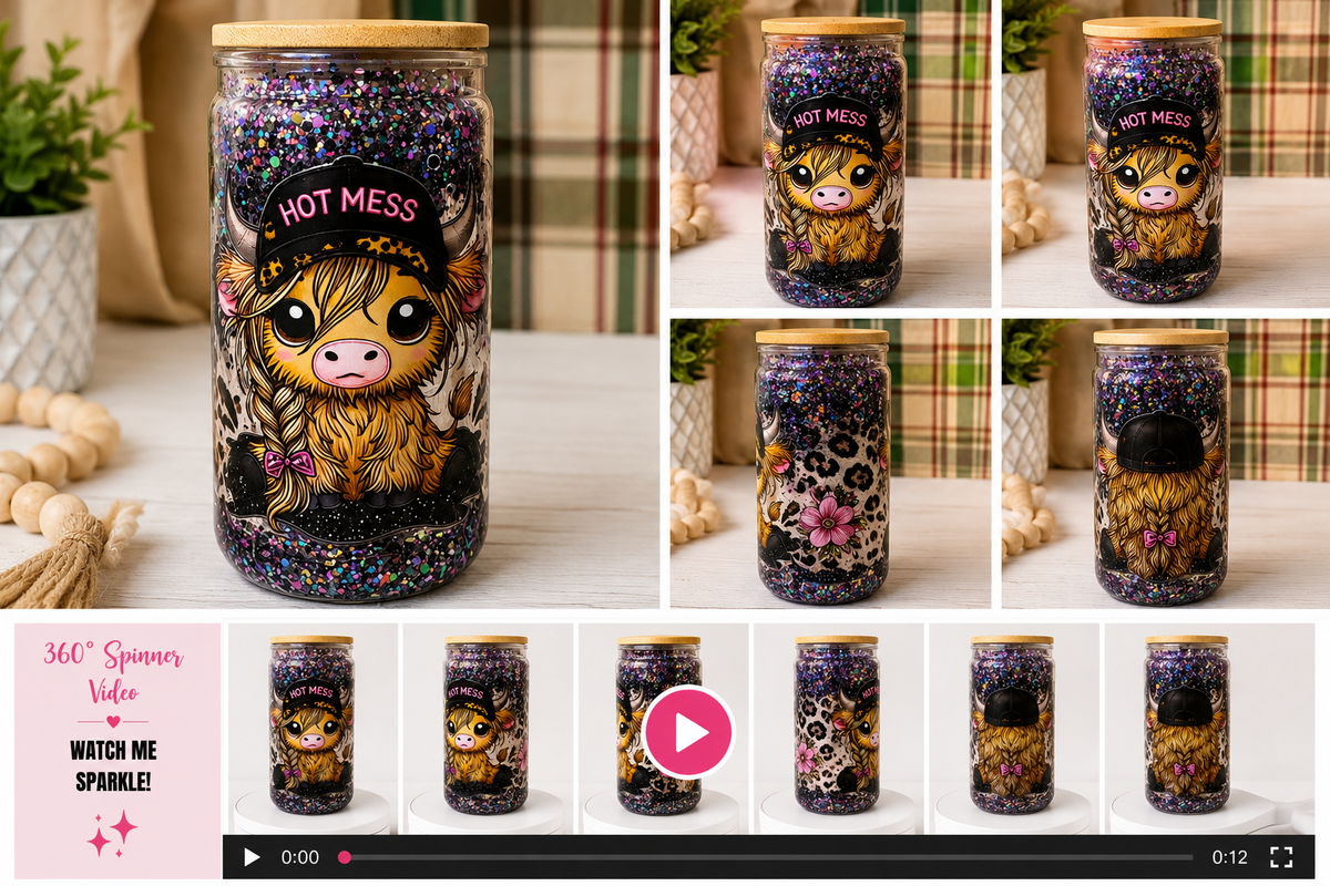 Hot Mess Highland Cow 16 oz Glitter Snowglobe Tumbler 🐮✨