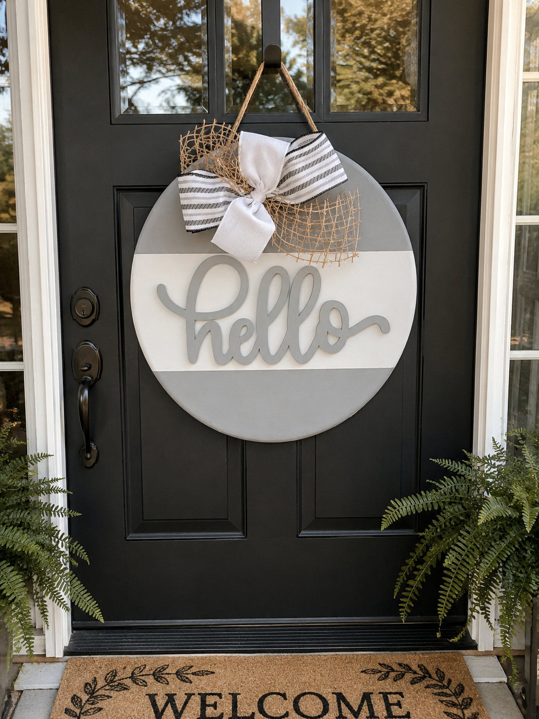 Hello Gray & White Round Wooden Door Sign – 18"