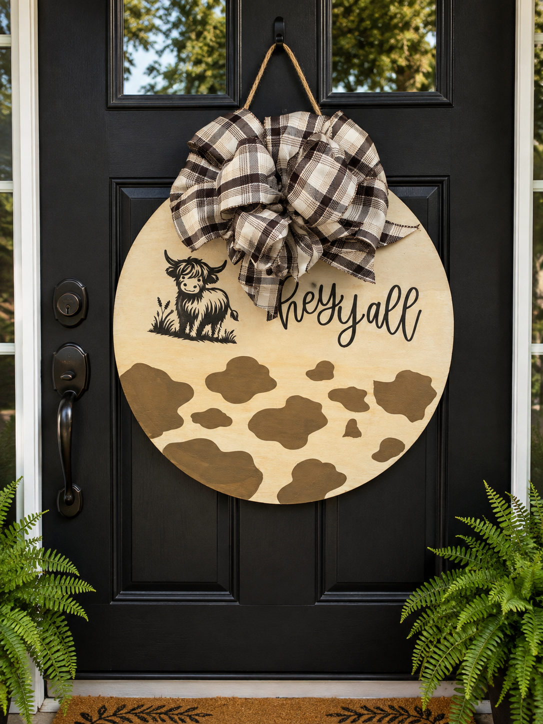 Hey Y’all Highland Cow & Cowhide Door Hanger