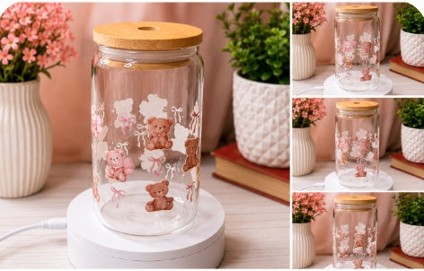 Teddy Bear & Bows Glass Tumbler with Bamboo Lid 🧸🎀