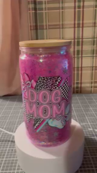 DOG MOM Pink Glitter 16 oz Snowglobe Tumbler 🐾💗